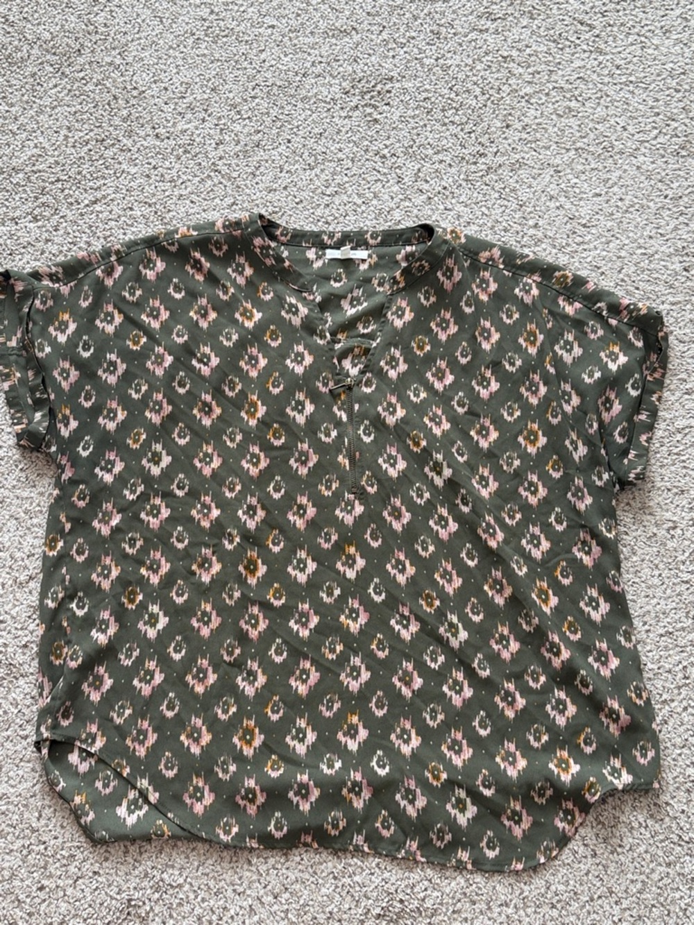 Maurices Olive Ikat Zip-Up Short Sleeve Top with Pink & Tan Accents